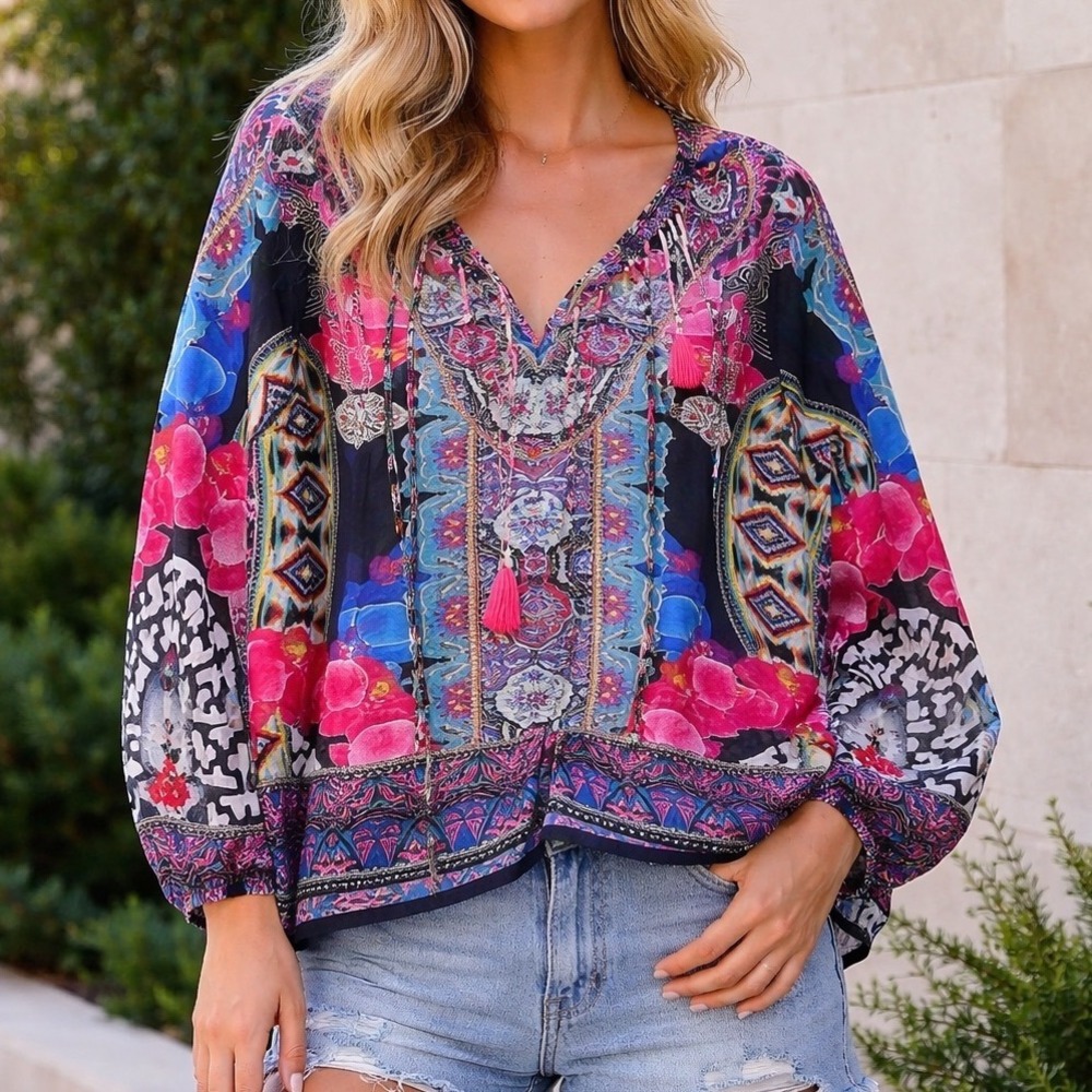 ASA Kaftans Bohemian Beaded Kimono Style Top Blouse Colorful Print‎ artsy XXL z2
